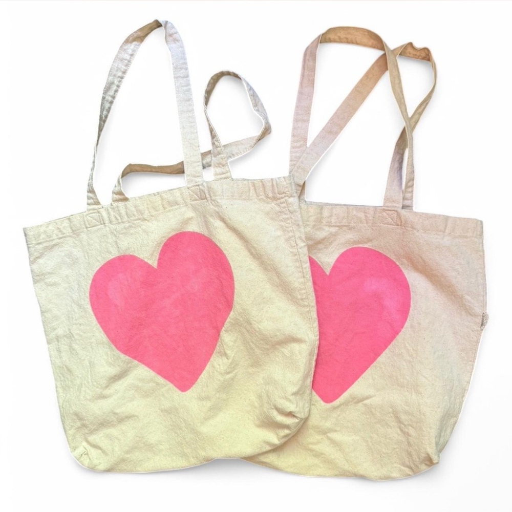 HEART totes, set of 2. Lightweight canvas, screen print heart on front of each.